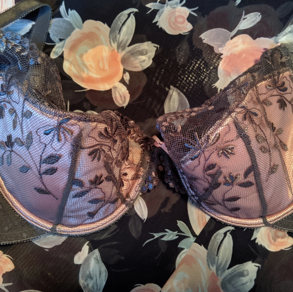 Pale Pink and Gray Floral Lace Bra